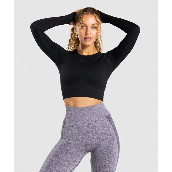 GYMSHARK Flex Sports Long Sleeve Crop Top In Black Size S - Picture 3 of 12